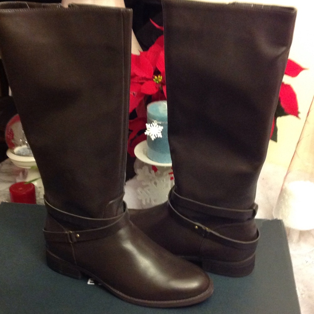 Chaps Dark Brown Leather Mid-Calf Heeled Boots